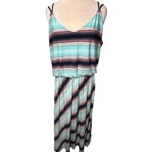 24/7 Maunces Women's XL Maxi Dress Blue/Pink Stripes Sleeveless High Waist